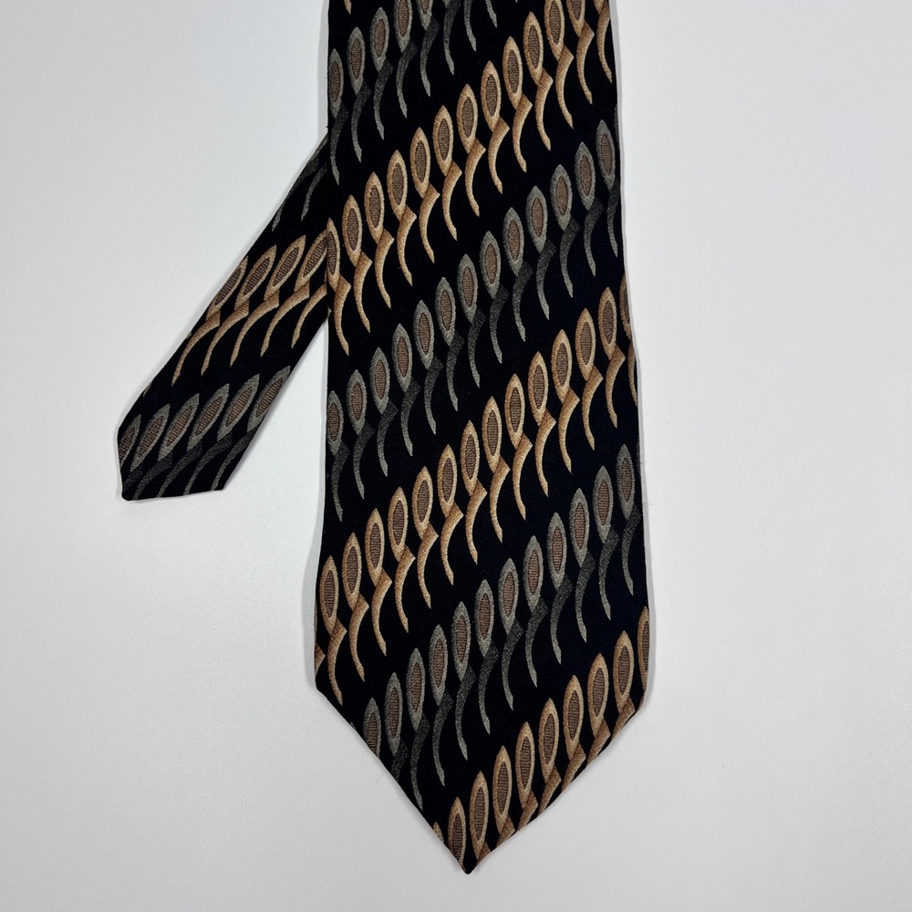 Kenneth Cole Reaction Black Gold Abstract Geometric Silk Necktie Mens OS